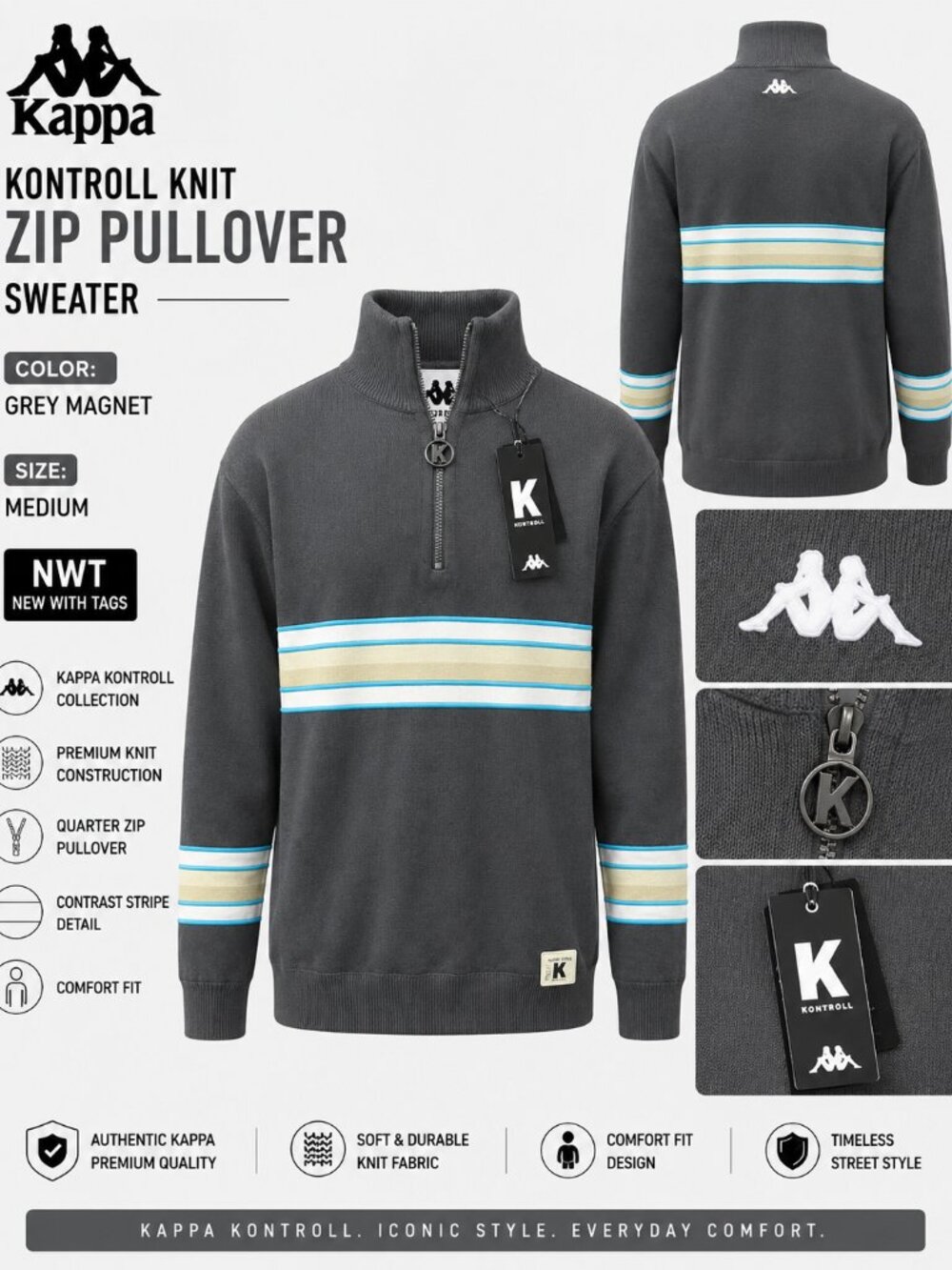 NWT Kappa Kontroll Knit Zip Pullover Sweater Grey Magnet Size M